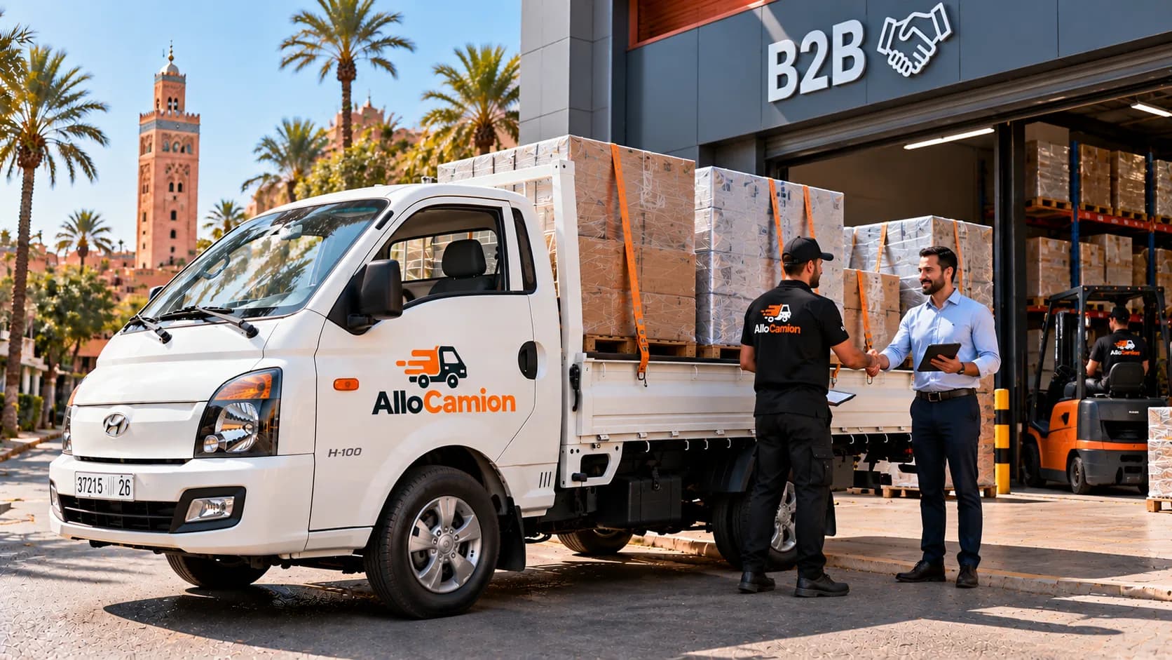 Chauffeur d’Allo Camion serrant la main d’un client professionnel devant un entrepôt, à côté du camion chargé de cartons