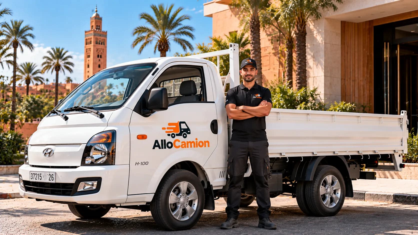 Chauffeur d’Allo Camion debout à côté de son camion plateau, devant la Koutoubia à Marrakech